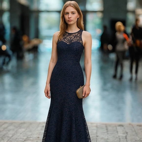 MARCHESA NOTTE dress navy blue lace size 6 gown formal metallic gold wedding